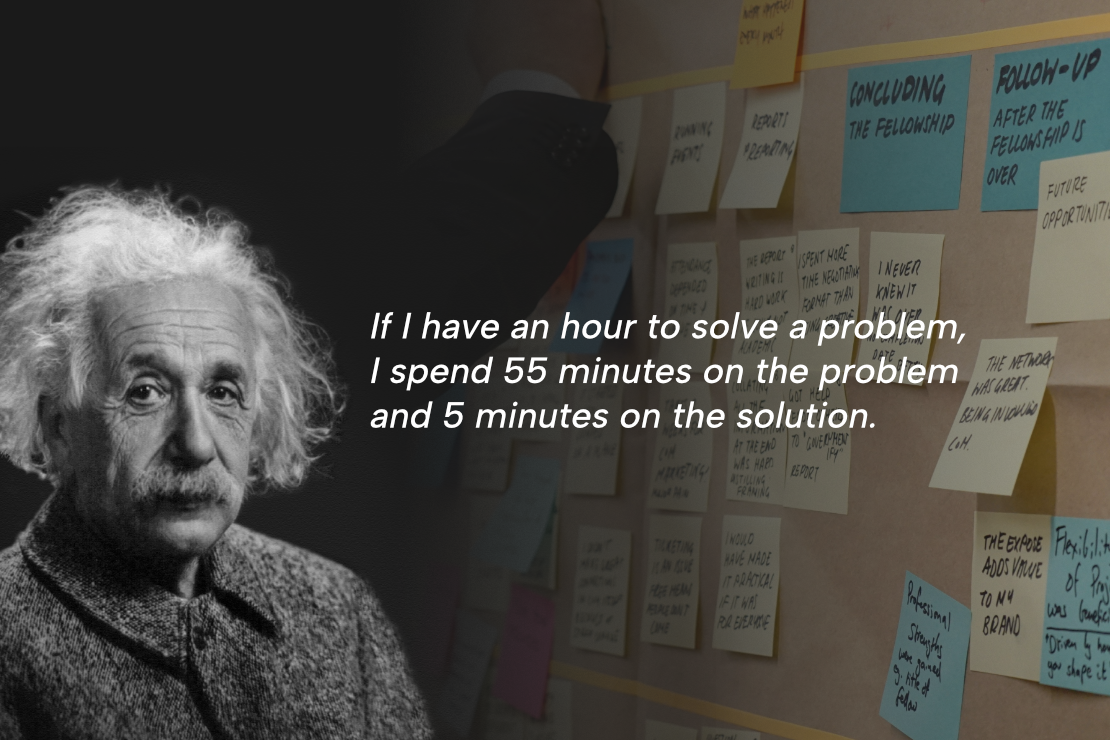 Image for Analyse phase - photo of einstein next to dark background fading into whiteboard with post its, Featuring the quote: If I have an hour to solve a problem, I spend 55 minutes on the problem and 5 minutes on the solution.